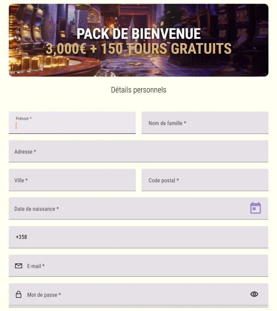 Formulaire d’inscription – création de compte joueur avec e-mail et mot de passe